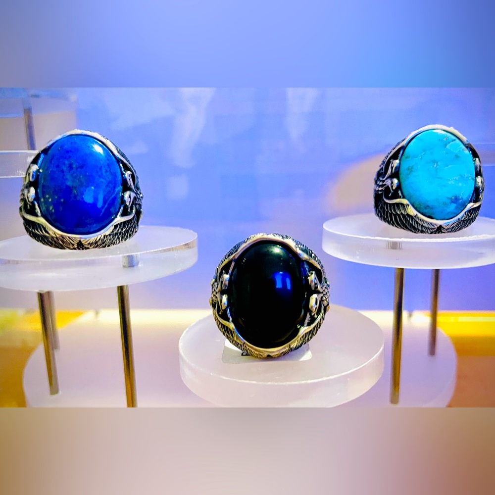 $ 175 Men’s Heavy Sterling Silver Rings Lapis, Onyx or Turquoise black antiquing
